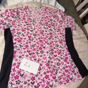 Pink and Black Heart and Ribbon Print Scrub Top